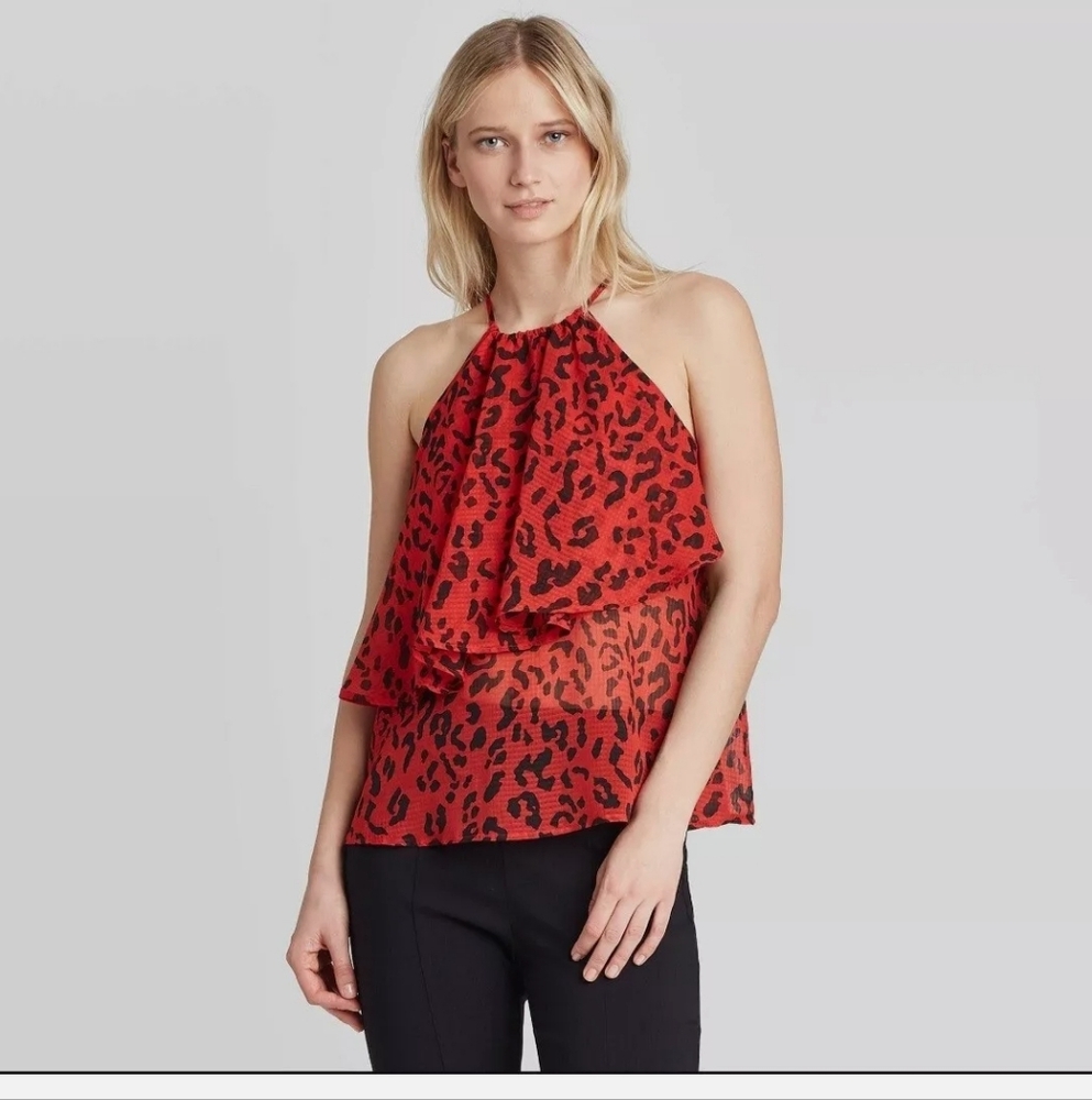 Who What Wear Women's Red Cheetah Print Asymmetrical Ruffle Tank Blouse Top Sz S